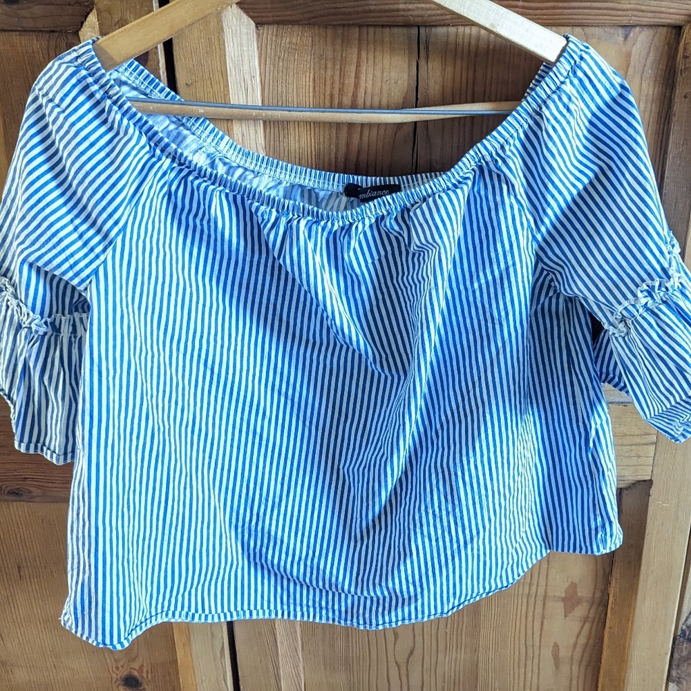 Ambiance Striped Crop Blouse, blue and white, women's large